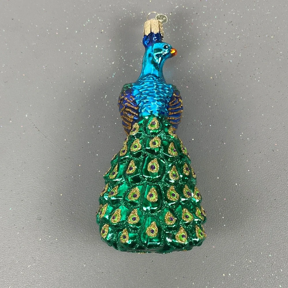 Old World Christmas Glass Holiday Animal Ornaments Peacock & Bear W/ Garland